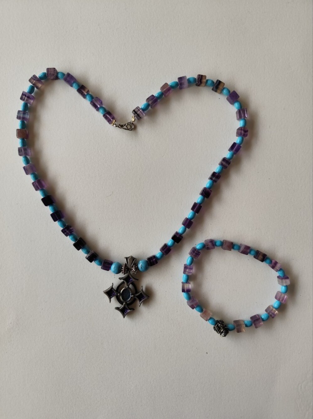 Purple & Teal Beaded Necklace and Bracelet Set